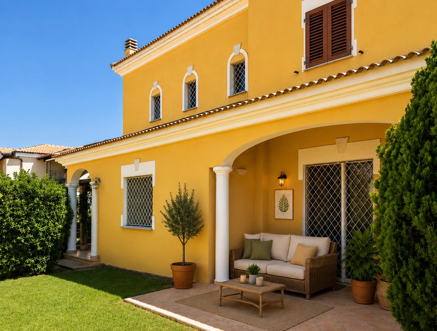 Facciata gialla della villa con portico e giardino a Olbia