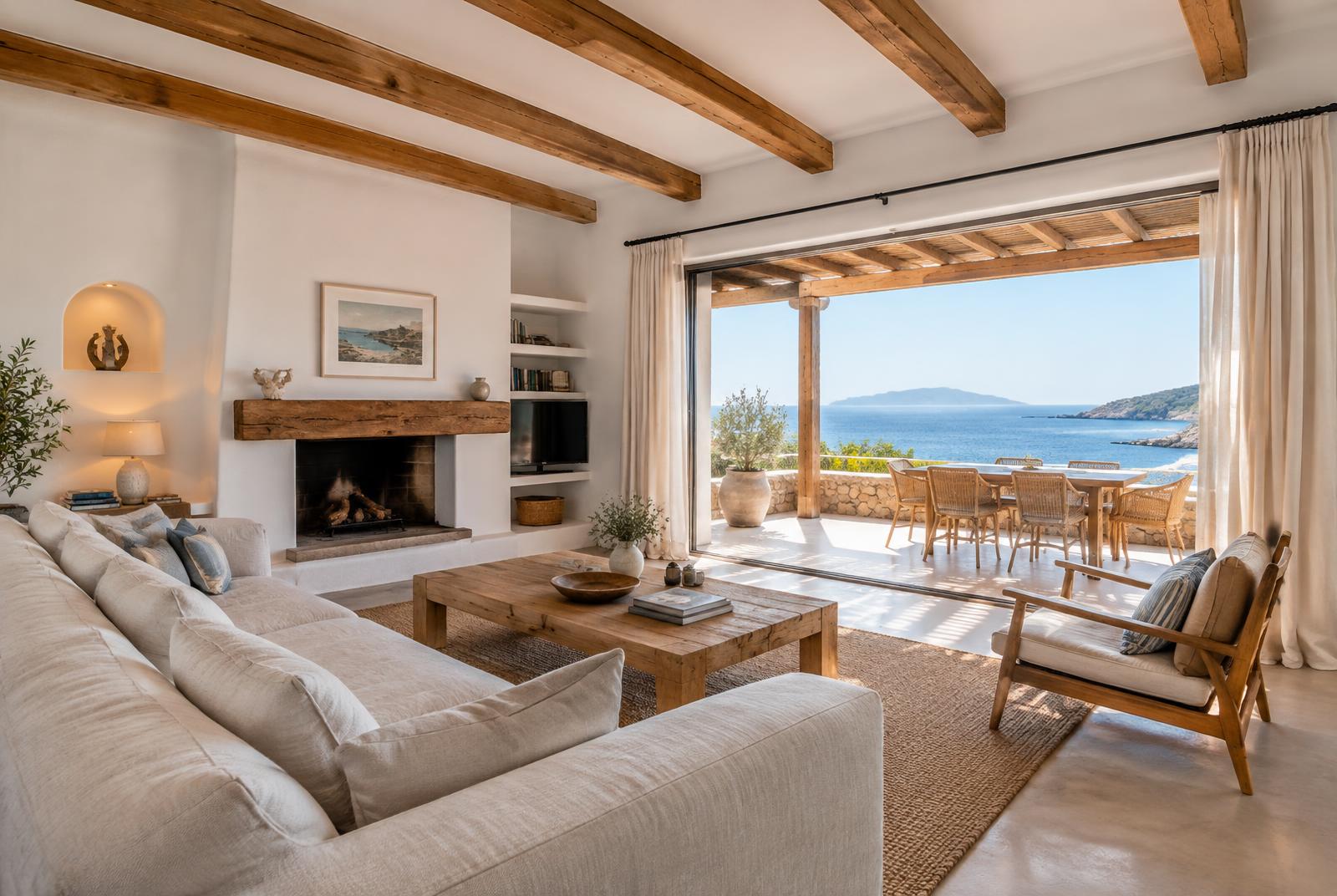 Interno luminoso di una villa in Gallura con vista sul mare