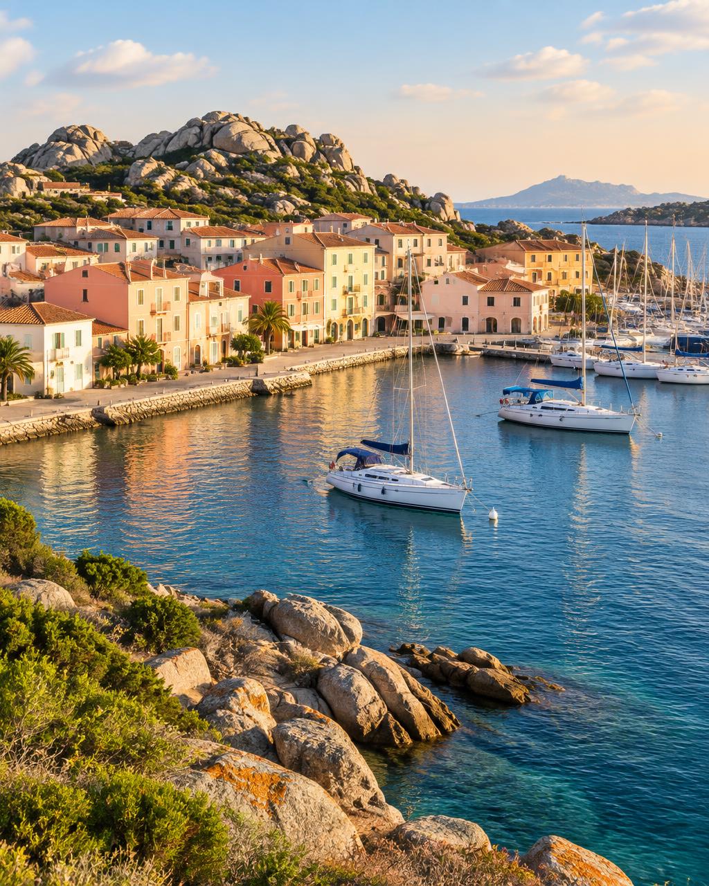 Il porto di Palau con le case color pastello e le rocce di granito